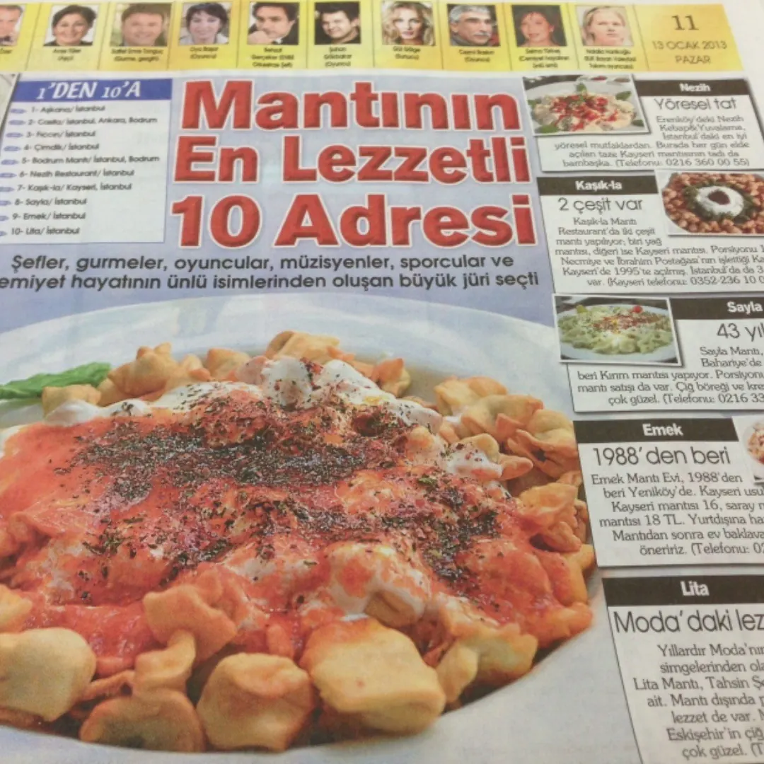 “Mantının En Lezzetli 10 Adresi” başlıklı gazete haberi